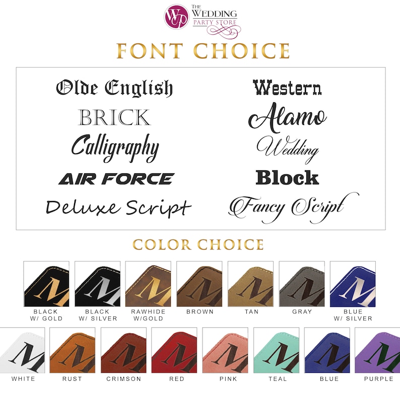 May include: A chart displaying font and color options for customization. Font styles include Olde English, Brick, Calligraphy, Air Force, Deluxe Script, Western, Alamo, Wedding, Block, and Fancy Script. Color swatches show the letter M in various shades.