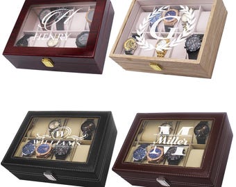 Customized 10 Watch Box - Personalized 6 Watch Case - Engraved Watch Holder for Men - Custom Watch Box Glass Lid - Watch Box with Monogram