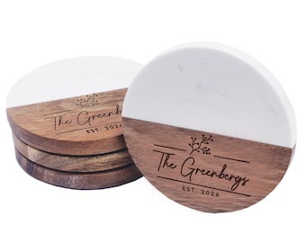 Sous-bocks en marbre et acacia pour boissons - sous-bocks pour couples - sous-bocks personnalisés en marbre et bois - sous-bocks ronds en marbre pour mariage