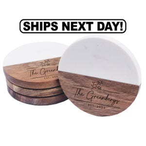 Marble and Acacia Coasters for Drinks - Couples Coasters - Personalized Marble and Wood Coasters - Wedding Coasters Marble Round