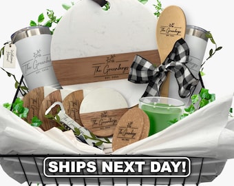 Personalized New Home Gift Basket – Custom Housewarming Gift with Cutting Board, Coasters & Tumblers, Realtor Closing Gift, Round Twig Style