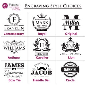 Peut inclure: Un tableau pr&eacute;sentant 10 styles de gravure diff&eacute;rents pour des cadeaux personnalis&eacute;s. Les styles comprennent Contemporain, Royal, Original, Antique, Cavalier, Lion, Noeud papillon, Guidon et Cercle. Chaque style est illustr&eacute; par un exemple de design.