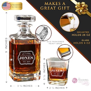 May include: Personalized engraved glass decanter and glass set. The decanter holds 26 ounces and the glass holds 9 ounces. The set is engraved with "Mr. & Mrs. Jones Est. 2022".