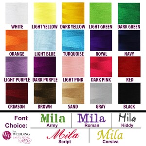 May include: A chart of 16 different thread colors with the names of each color listed below. The colors include white, light yellow, dark yellow, light green, dark green, orange, light blue, turquoise, royal, navy, light purple, dark purple, light pink, dark pink, red, crimson, brown, sand, gray, and black. Below the chart are five different font styles for the name "Mila" in green, black, and white.