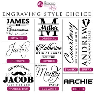 May include: A chart showing different engraving styles for personalized gifts. The styles include: Bow Tie, Original, Cursive, Divider, Handle Bar, Elegant, Swanky, and Spiffy.