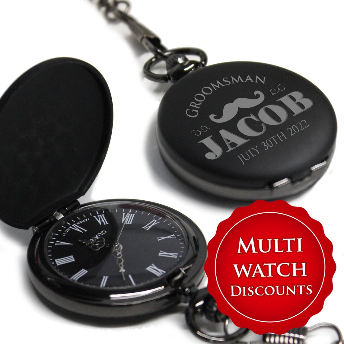 Personalized Pocket Watch, Black Pocket Watch, Engraved Pocket Watch