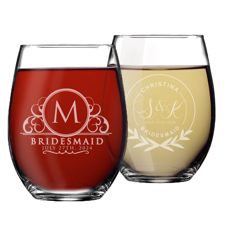 Custom Stemless Wine Glasses, Personalized Wine Glasses, Bridesmaid Gift, Bridesmaid Wine Glasses, Etched Wine Glasses, Custom Wine Glasses image 1