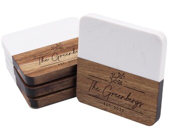 Personalized Marble and Acacia Coasters for Coffee Table - Custom Coasters Farmhouse - Wedding Coasters Wood - New Home Coasters for House