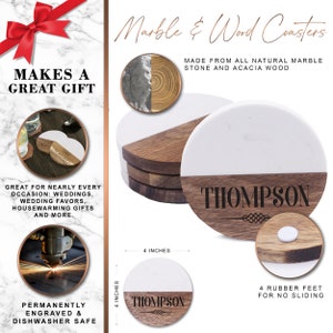Puede incluir: Posavasos redondos hechos de m&aacute;rmol blanco y madera de acacia marr&oacute;n, con el nombre THOMPSON grabado. Cada posavasos mide 10,16 cm por 10,16 cm e incluye cuatro peque&ntilde;as patas de goma en la parte inferior para evitar que se deslicen.