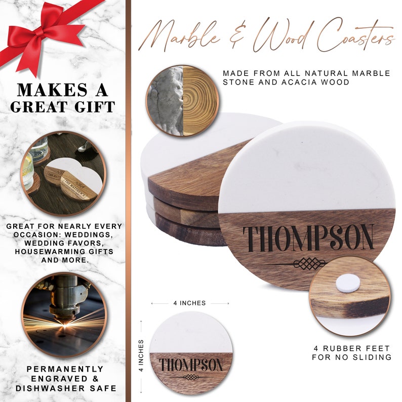 Puede incluir: Posavasos redondos hechos de m&aacute;rmol blanco y madera de acacia marr&oacute;n, con el nombre THOMPSON grabado. Cada posavasos mide 10,16 cm por 10,16 cm e incluye cuatro peque&ntilde;as patas de goma en la parte inferior para evitar que se deslicen.