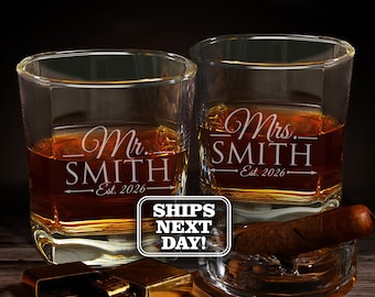Personalized Mr and Mrs Glasses - Mr and Mrs Couples Gifts for Wedding Custom Engraved Rocks Glass, Set of 2 Whiskey Mr and Mrs Rocks Glass