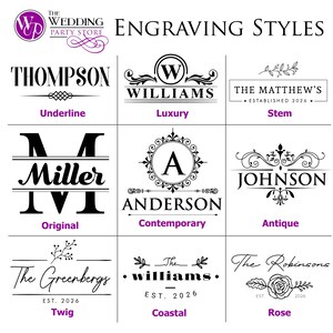 Puede incluir: Una cuadr&iacute;cula de nueve estilos de grabado en blanco y negro etiquetados como Underline, Luxury, Stem, Original, Contemporary, Antique, Twig, Coastal y Rose. El logo de The Wedding Party Store aparece arriba a la izquierda. Muestra nombres y fechas.