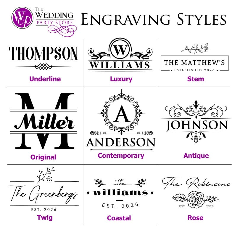 Puede incluir: Una cuadr&iacute;cula de nueve estilos de grabado en blanco y negro etiquetados como Underline, Luxury, Stem, Original, Contemporary, Antique, Twig, Coastal y Rose. El logo de The Wedding Party Store aparece arriba a la izquierda. Muestra nombres y fechas.