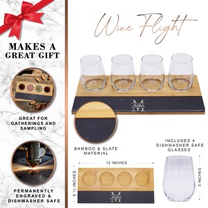 May include: A bamboo and slate wine flight set with four dishwasher-safe glasses. The set includes a wooden tray with four circular cutouts for the glasses. The tray is 12 inches long and 5.5 inches wide. The glasses are 3 inches tall.