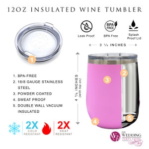 May include: A pink 12oz insulated wine tumbler with a clear lid. The tumbler is 4 3/8 inches tall and 3 1/2 inches wide. Features include BPA-free, 18/8 gauge stainless steel, powder coated, sweat proof, and double wall vacuum insulated.