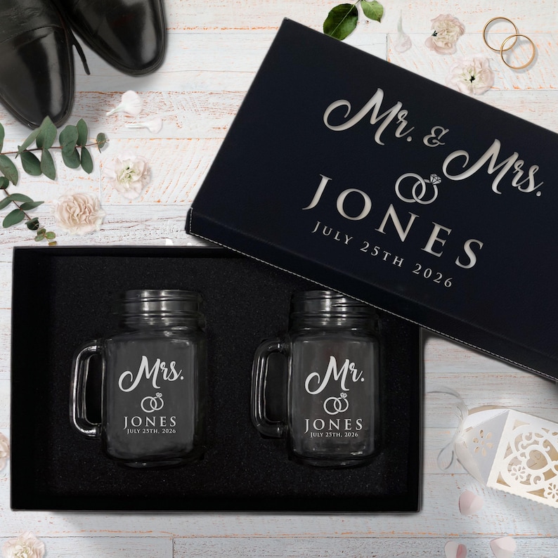 Mr and Mrs Gifts, Bride and Groom Toasting Glasses, Mr and Mrs Mason Jar Glasses, His and Her Gifts, Husband and Wife Gifts, Set of 2 image 8