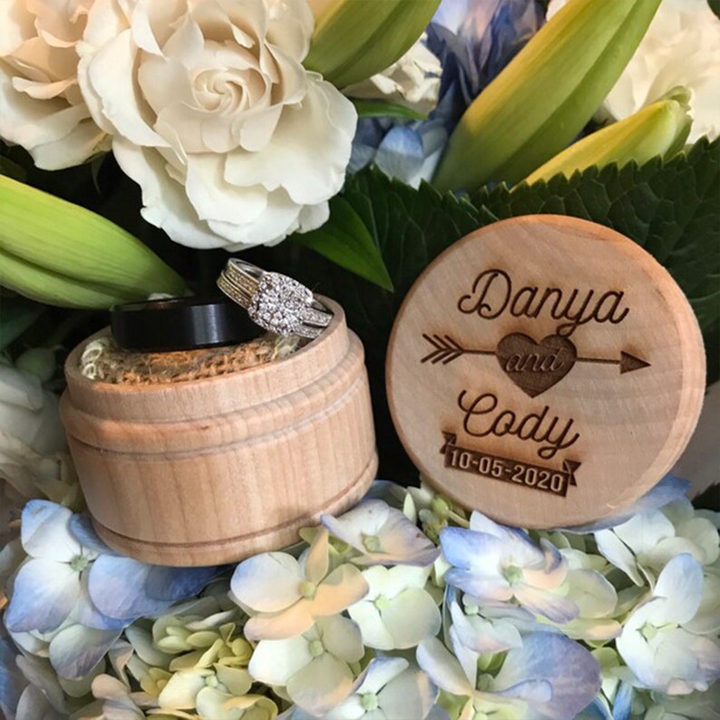 Ring Box Wood Round Ring Box Wedding Ring Boxes for Ceremony Rustic Ring Holder Monogram Ring Box His and Her Ring Box image 5