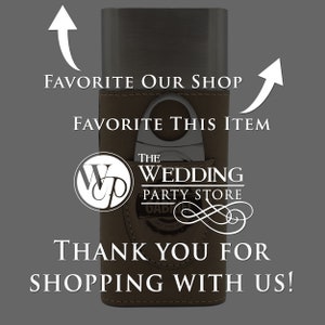 May include: A brown leather cigar case with a silver metal top and a front pocket containing a silver cigar cutter. The case features a circular logo with the text THE WEDDING PARTY STORE and the name GABRIEL with a date printed below it.