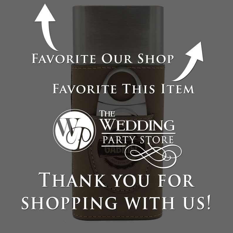 May include: A brown leather cigar case with a silver metal top and a front pocket containing a silver cigar cutter. The case features a circular logo with the text THE WEDDING PARTY STORE and the name GABRIEL with a date printed below it.