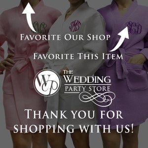 May include: Three white waffle robes with different embroidered initials. The robes are tied at the waist and have a hood. The robes are displayed on a gray background with the text "FAVORITE OUR SHOP", "FAVORITE THIS ITEM", "THE WEDDING PARTY STORE", and "THANK YOU FOR SHOPPING WITH US!"