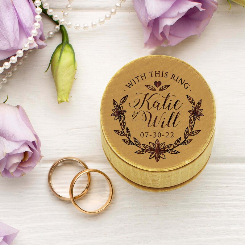 Ring Box Wood Round Ring Box Wedding Ring Boxes for Ceremony Rustic Ring Holder Monogram Ring Box His and Her Ring Box image 3