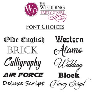 Puede incluir: Un gr&aacute;fico que muestra 10 opciones de fuentes diferentes para invitaciones de boda. Las fuentes son: Olde English, Brick, Calligraphy, Air Force, Deluxe Script, Western, Alamo, Wedding, Block y Fancy Script.