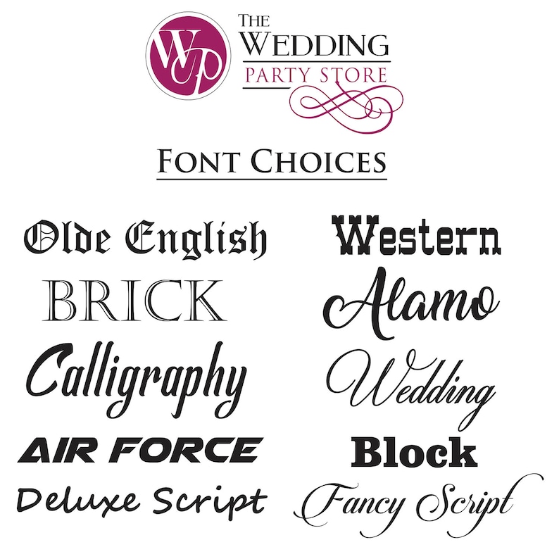 Puede incluir: Un gr&aacute;fico que muestra 10 opciones de fuentes diferentes para invitaciones de boda. Las fuentes son: Olde English, Brick, Calligraphy, Air Force, Deluxe Script, Western, Alamo, Wedding, Block y Fancy Script.