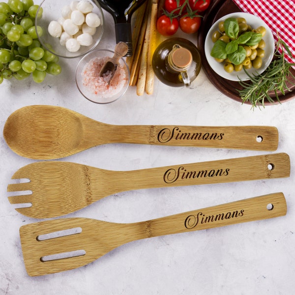 Wooden Utensils - Bamboo Utensil Set - Personalized Wooden Utensils - House Warming Gift - Bridal Shower Favors - Cooking Gifts - Decor