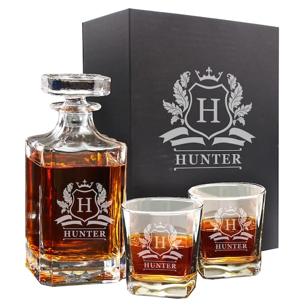 Personalized Decanter Set and Glasses with Gift Box - Custom Engraved Whiskey Bourbon Scotch Decanter with Gift Box - Liquor Decanter Gift