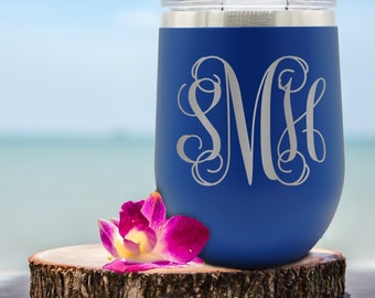 White Wine Tumbler - Monogrammed Insulated Wine Tumbler - Vine Monogram Wine Tumbler - Gift for Pool Party, Bachelorette Party, Girls Trip