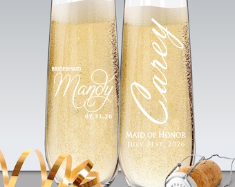 Stemless Champagne Flutes Etched - Custom Stemless Champagne Glasses - Personalized Stemless Flute - Bridal Party Champagne Glasses