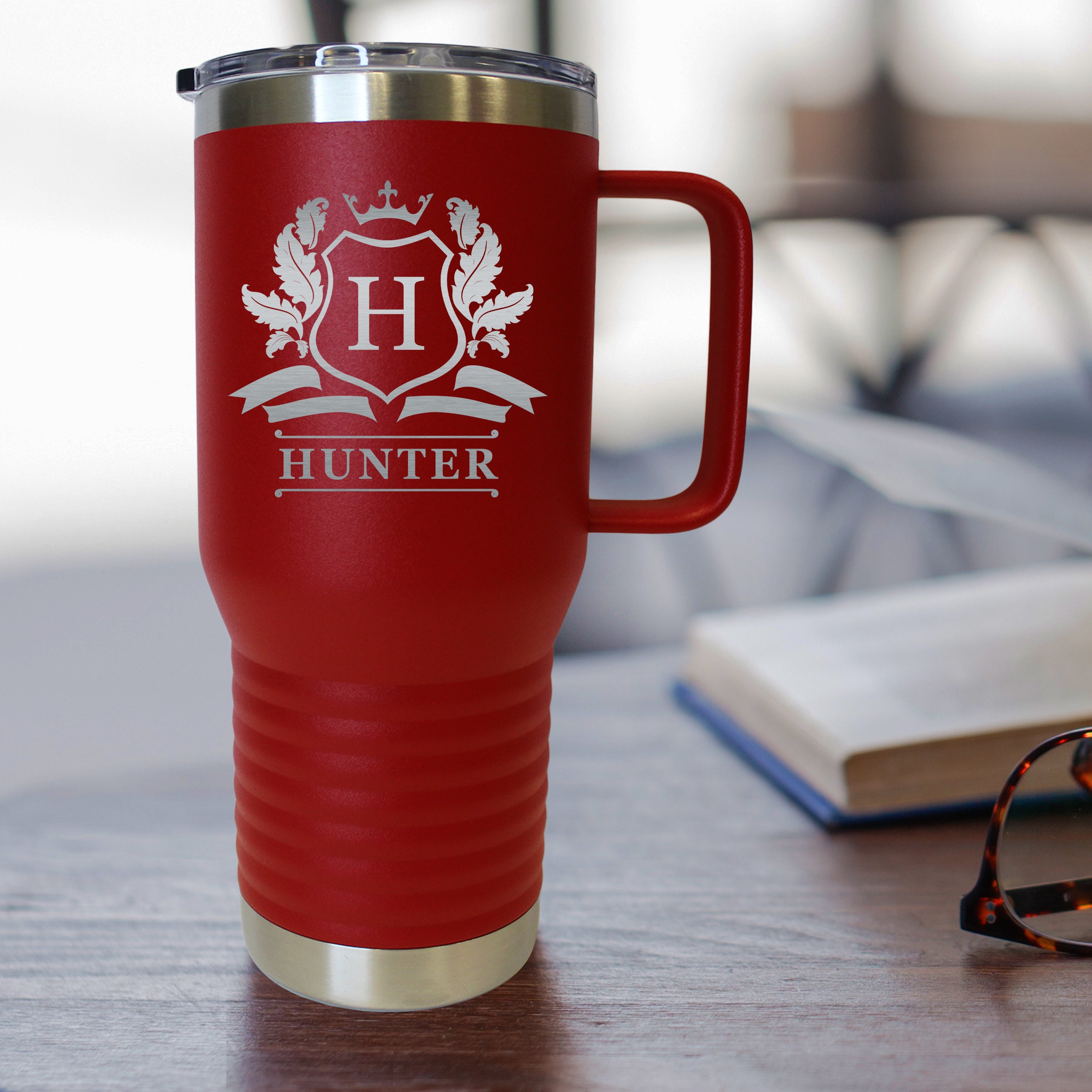 personalised thermal travel mug with handle