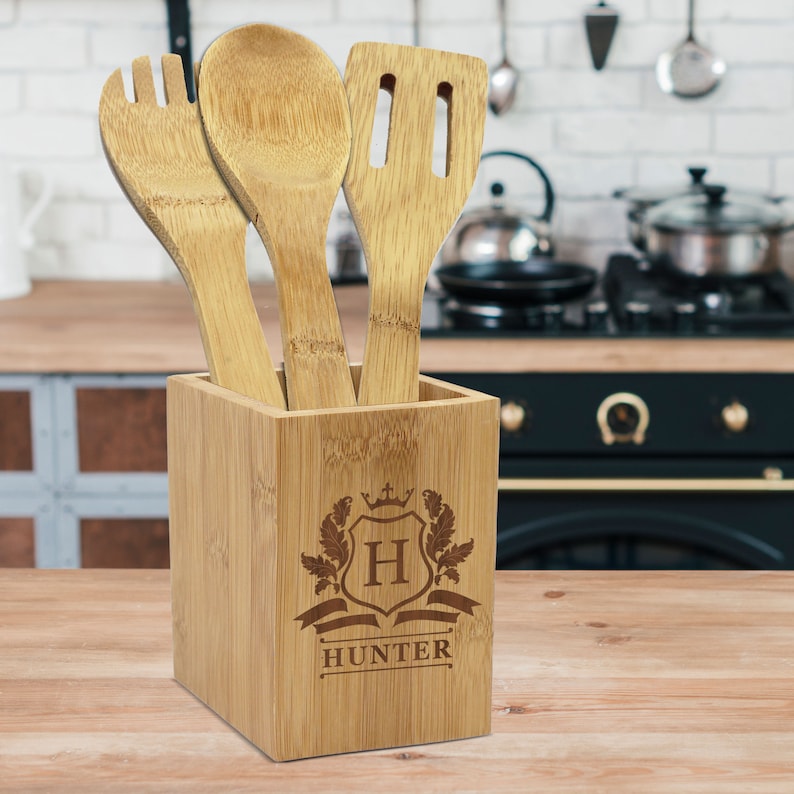 Square Bamboo Utensil Holder Custom Bamboo Wood Utensil Holder Engraved Utensil Box Kitchen Decor Kitchen Utensil Square Box Holder