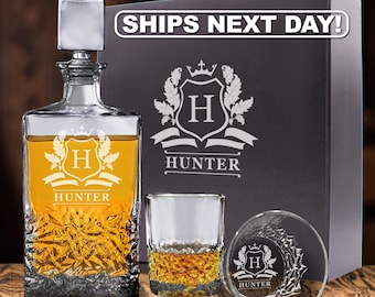 Personalized Whiskey Decanter Set – Engraved Bourbon Decanter & Glasses - Premium Decanter Gift
