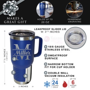 Pode incluir: Caneca azul isolada com al&ccedil;a, gravada com o nome "Miller". Possui tampa deslizante &agrave; prova de vazamentos, a&ccedil;o inoxid&aacute;vel 18/8 e isolamento a v&aacute;cuo de parede dupla. Cont&eacute;m at&eacute; 591 ml e mant&eacute;m as bebidas frias por at&eacute; 24 horas. Mede 20 cm com tampa.