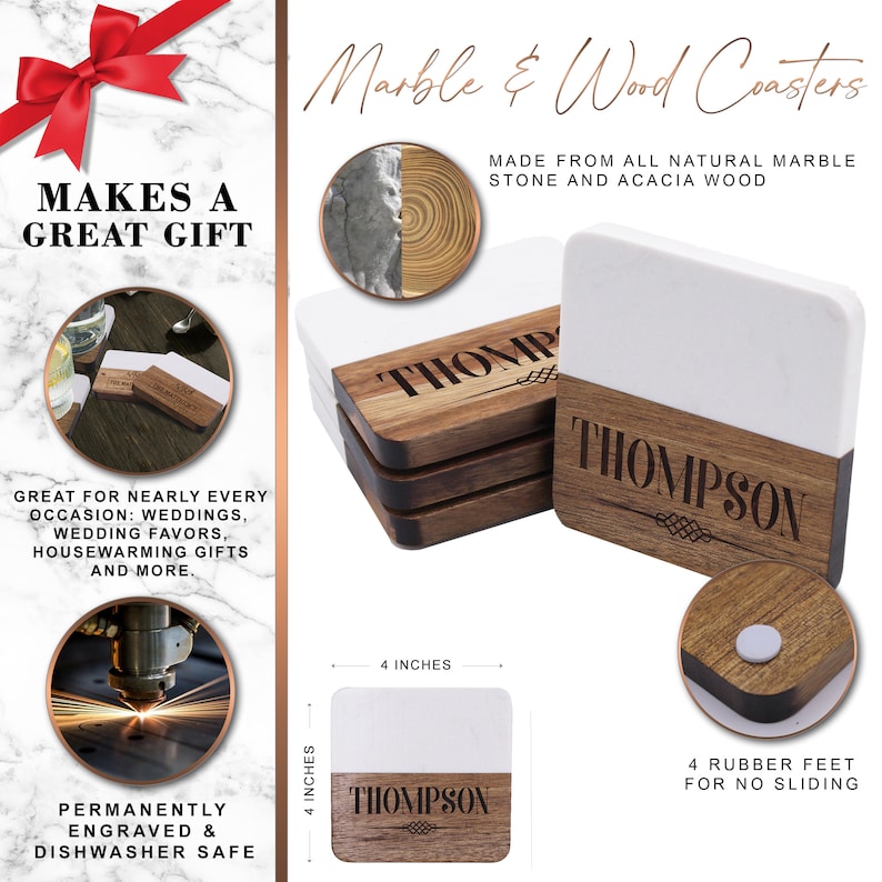 Puede incluir: Posavasos cuadrados de m&aacute;rmol blanco y madera de acacia marr&oacute;n, que miden 10,16 cm por 10,16 cm cada uno. La secci&oacute;n de madera est&aacute; grabada con el nombre THOMPSON y un adorno decorativo. Cada posavasos tiene cuatro peque&ntilde;as patas de goma debajo.