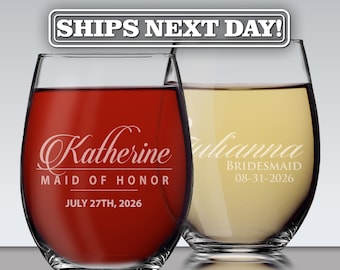 Custom Stemless Wine Glasses, Personalized Wine Glasses, Bridesmaid Gift, Bridesmaid Wine Glasses, Etched Wine Glasses, Custom Wine Glasses