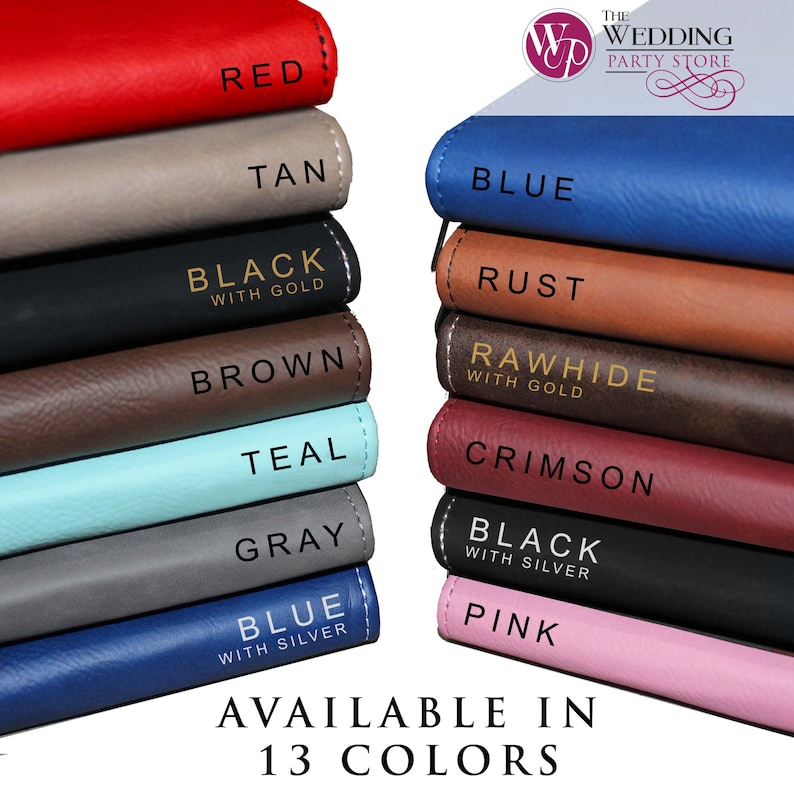 May include: Two stacks of rectangular items in 13 colors including red, tan, black with gold, brown, teal, gray, blue with silver, blue, rust, rawhide with gold, crimson, black with silver, and pink. Text reads: THE WEDDING PARTY STORE AVAILABLE IN 13 COLORS.
