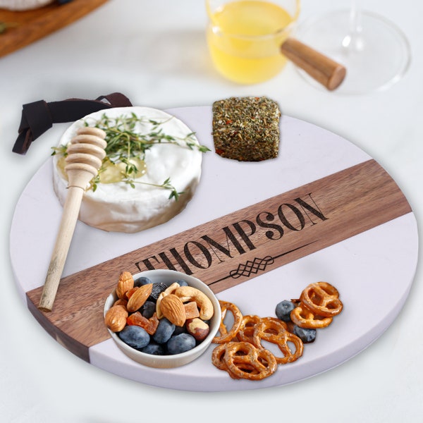 Marble Cheese Board Personalized - Custom Marble Charcuterie Board - Engraved Cheese Boards - Round Marble Cheese Serving Board