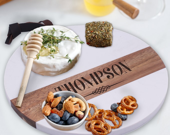 Marble Cheese Board Personalized - Custom Marble Charcuterie Board - Engraved Cheese Boards - Round Marble Cheese Serving Board