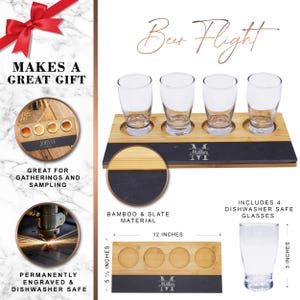 May include: A bamboo and slate beer flight set with four clear glasses. The set includes a wooden tray with four circular cutouts for the glasses, measuring 12 inches long and 5.5 inches wide. The glasses are 3 inches tall.
