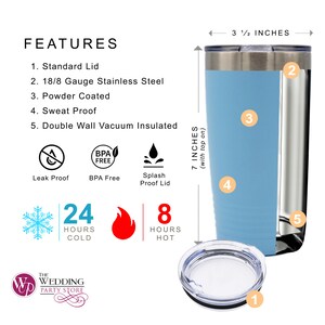 May include: A light blue stainless steel tumbler with a black lid and a silver band. The tumbler is 7 inches tall and 3 1/2 inches wide. It is double-walled and vacuum insulated, keeping drinks cold for 24 hours and hot for 8 hours. The tumbler is also sweat-proof and leak-proof.