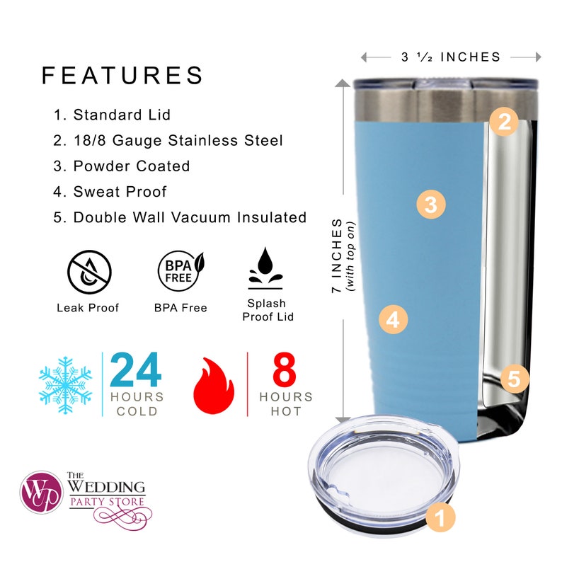 May include: A light blue stainless steel tumbler with a black lid and a silver band. The tumbler is 7 inches tall and 3 1/2 inches wide. It is double-walled and vacuum insulated, keeping drinks cold for 24 hours and hot for 8 hours. The tumbler is also sweat-proof and leak-proof.