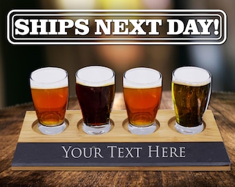 Custom Beer Flight Board - Beer Tasting Glasses and Paddle - Personalized Beer Tasting Flight - Slate and Bamboo Beer Flight with Glasses