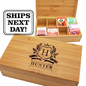 Tea Box Organizer - Bamboo Tea Set - Grandma Gift - Tea Caddy - Tea Bag Dispenser - Engraved Tea Box - Tea Chest -Hot Tea Gift -Wood Tea Box