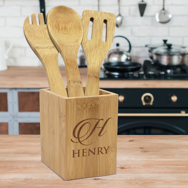 Square Bamboo Utensil Holder Custom Bamboo Wood Utensil Holder Engraved Utensil Box Kitchen Decor Kitchen Utensil Square Box Holder
