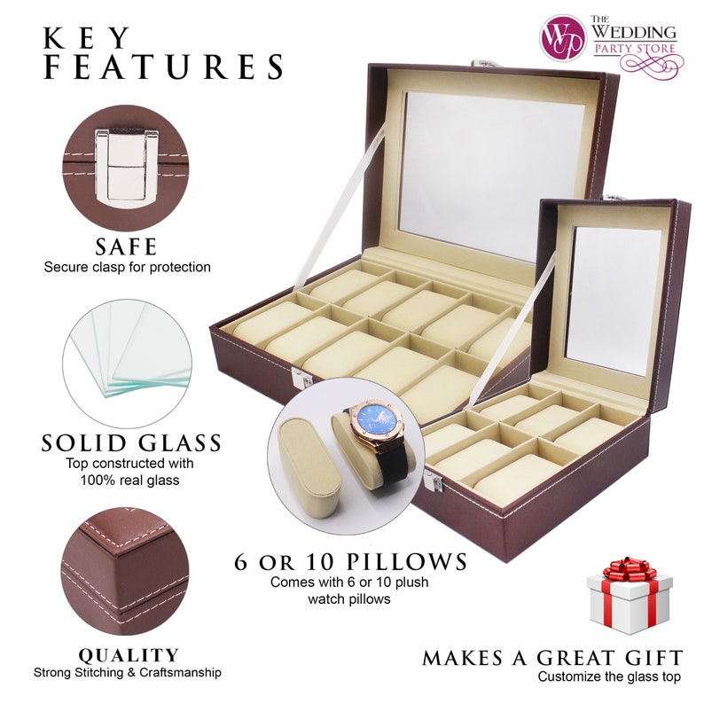 May include: Brown watch display case with a glass top and beige interior. Features include a secure clasp, solid glass construction, and quality stitching. Holds 6 or 10 watches. Makes a great gift.