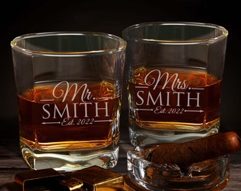Personalized Mr and Mrs Glasses - Mr and Mrs Couples Gifts for Wedding Custom Engraved Rocks Glass, Set of 2 Whiskey Mr and Mrs Rocks Glass