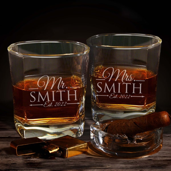 Personalized Mr and Mrs Glasses - Mr and Mrs Couples Gifts for Wedding Custom Engraved Rocks Glass, Set of 2 Whiskey Mr and Mrs Rocks Glass