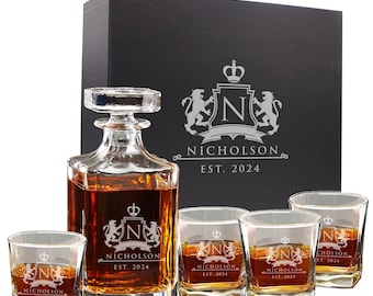Personalized Whiskey Decanter Set – Engraved Glass Decanter and Glasses Gift Box